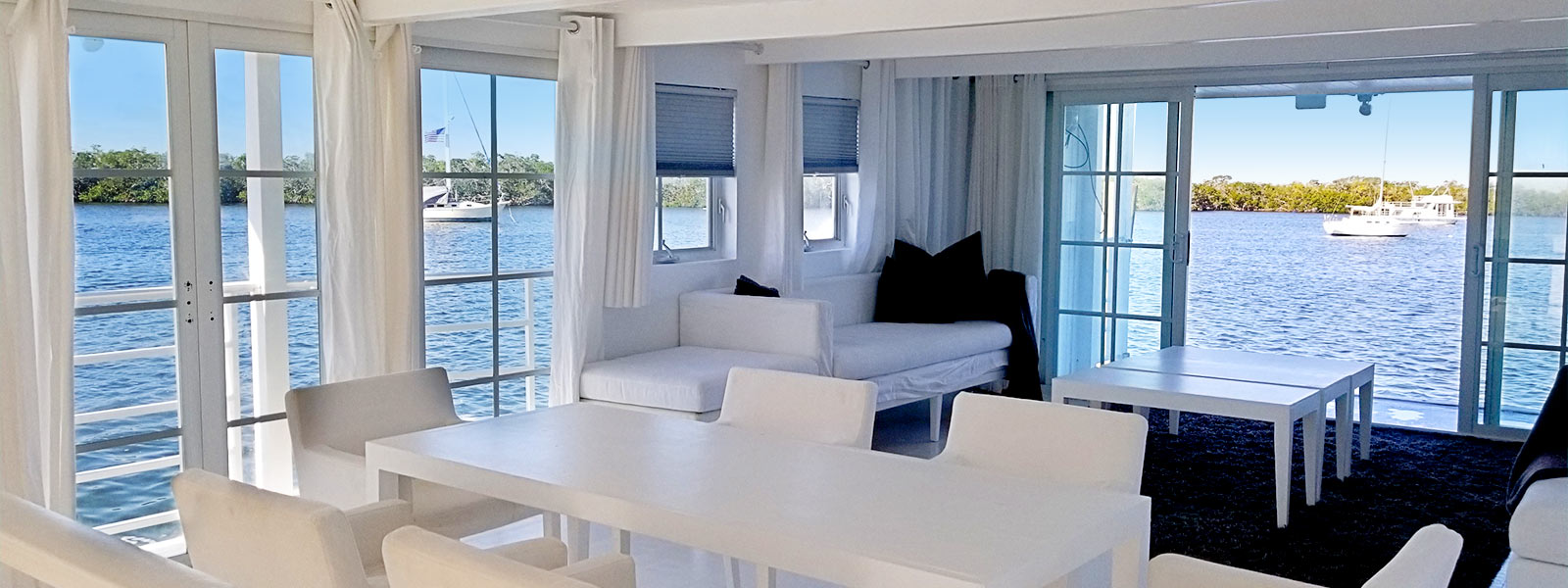 Comfortable interior of a houseboat, perfect for enjoying a 