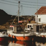 Three small, colorful fishing boats docked in calm water near a shoreline building, prompting consideration of their houseboat seaworthiness.