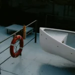 A lifebuoy and a lifeboat on the deck of a boat, essential equipment for houseboats safety.